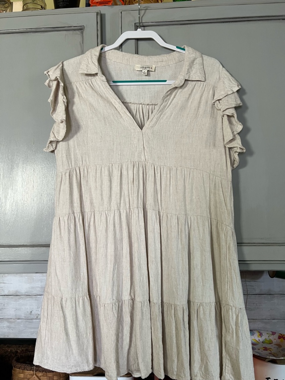 Umgee Cream Tiered Ruffle Sleeve Mini Dress